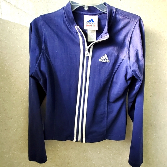 Navy with white striped Adidas Jacket. - Picture 1 of 2